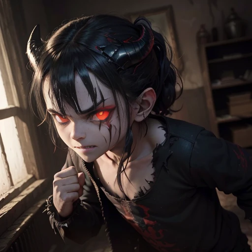 A demon , with glowing red eyes and razor-sharp fangs, clad in tattered black clothing, stands defiantly in the dimly lit room. His horns curl menacingly above his forehead, and his clawed hands are balled into fierce fists. Despite his sinister appearance, a mischievous gleam dances within his eyes as he contemplates his next prank. The shadows around him seem to pulse with a malevolent energy, and the once pristine walls bear the scars of his unruly antics. The room, filled with the acrid smell of sulfur, is a clear indication that this is no ordinary .