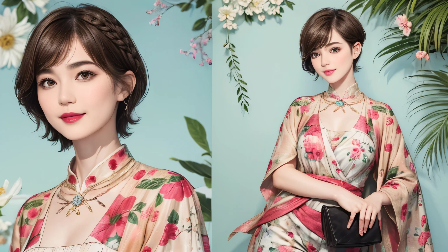 149
(20 year old woman,floral print outfit,pants), (Super realistic), (high resolution), ((beautiful hairstyle 46)), ((short hair:1.46)), (gentle smile), (brest:1.1), (lipstick)
