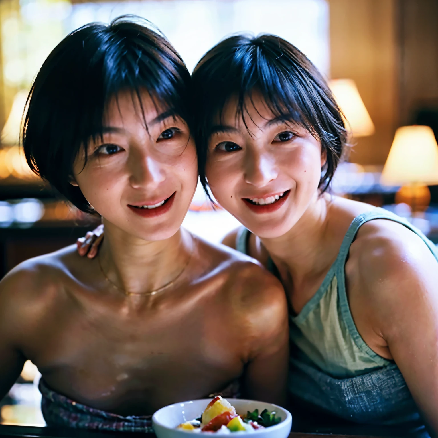 Highly detailed CG Unity 8K wallpaper、highest quality、super detailed、masterpiece、realistic、Photoreal、16 year old beautiful Japanese girl、Identical twin sisters hugging each other、smile、cute, girly, , 非常に詳細なcute女の子、blush、round eyes、Medium chest、semi body shot、Swimsuit、(indoor poolside), (bent down), parted bangs