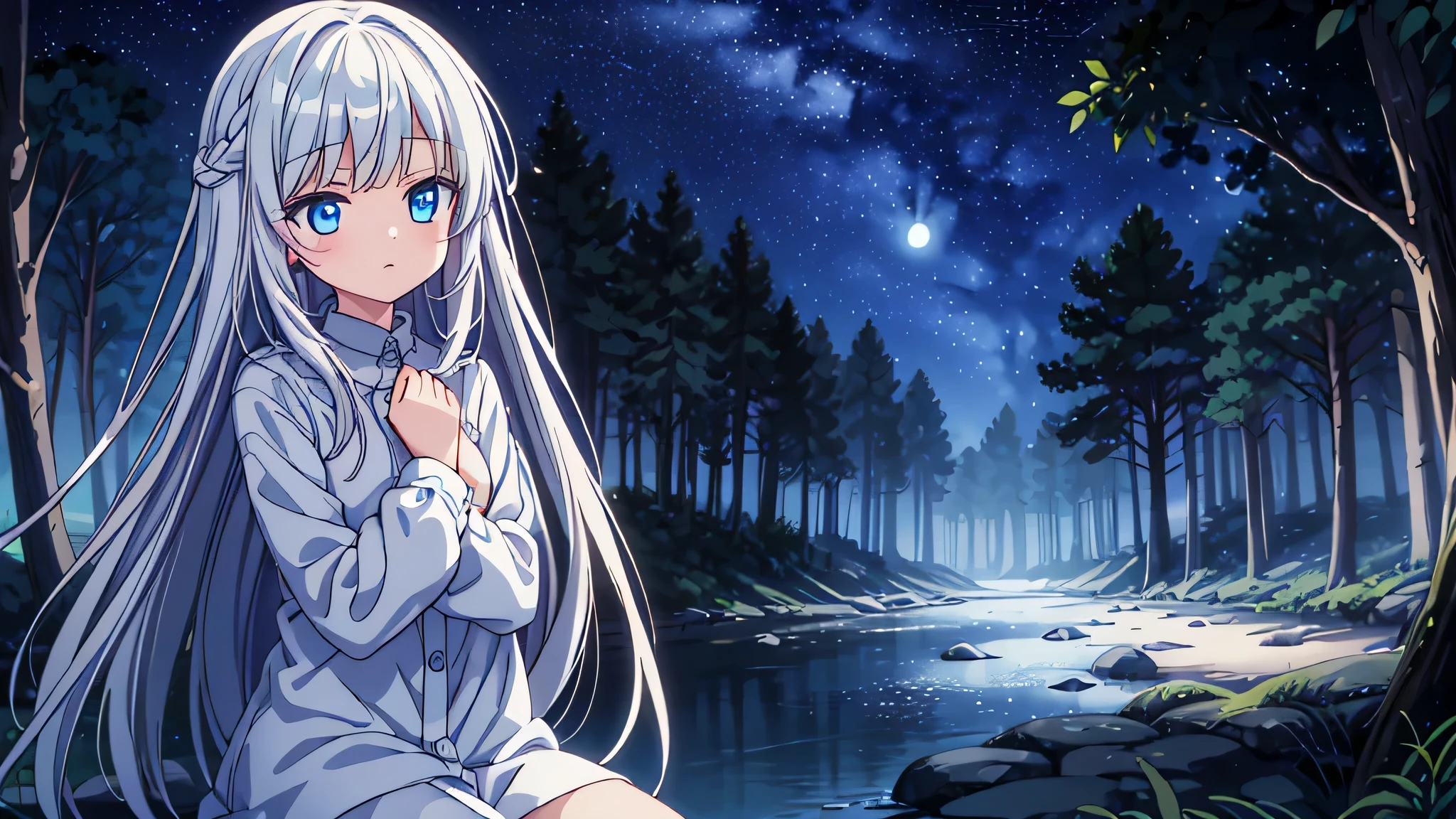 Very dark night, Stars in the sky, River,low forest, is sitting, Hugging your legs, One cute anime girl, white long hair , Blue eyes, white clothes, there are small holes in the clothes, Dirty clothes, looks thoughtful, Girl looking at the stars.