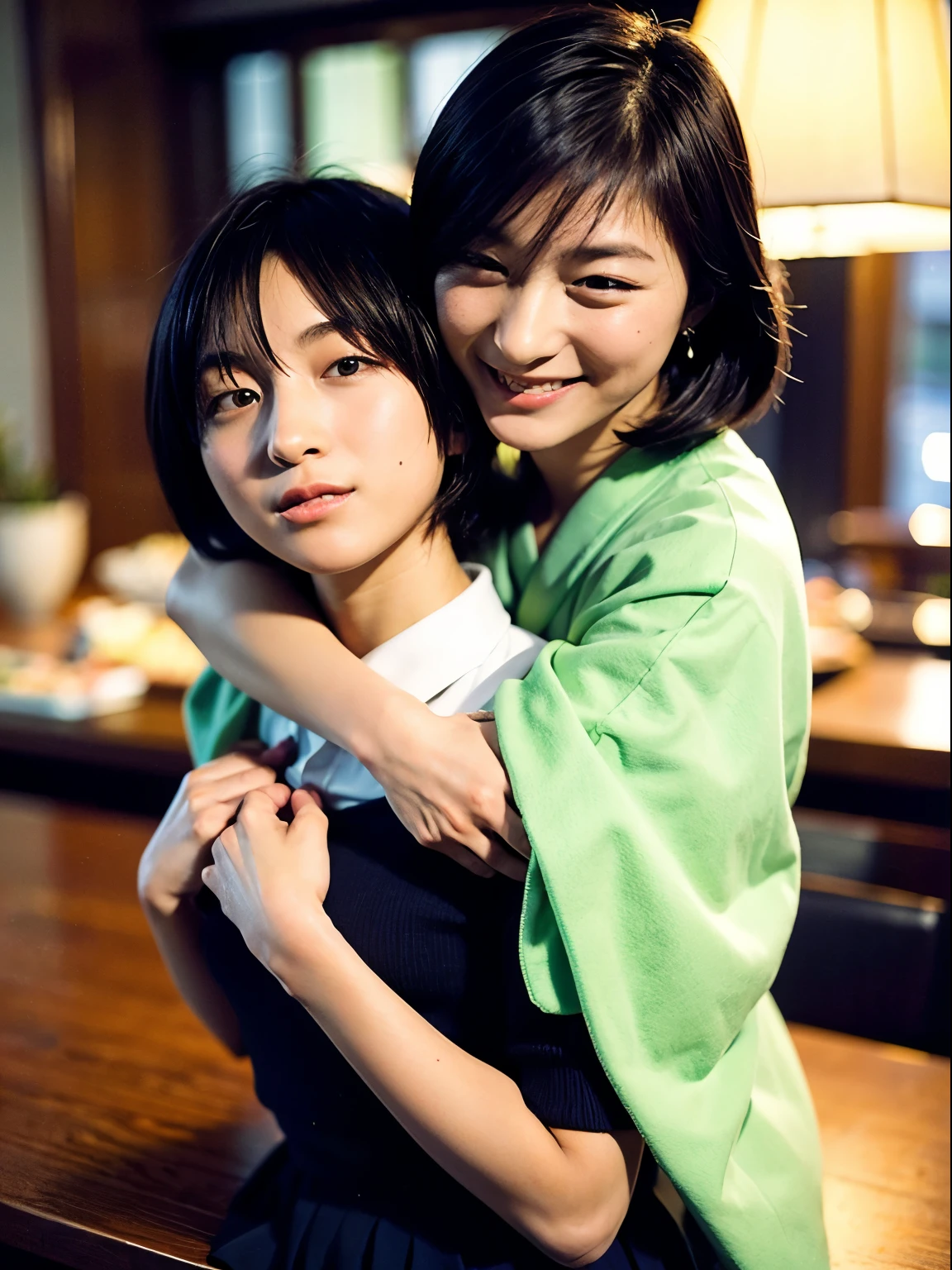 Highly detailed CG Unity 8K wallpaper、highest quality、super detailed、masterpiece、realistic、Photoreal、16 year old beautiful Japanese girl、Identical twin sisters hugging each other、smile、cute, girly, , 非常に詳細なcute女の子、blush、round eyes、Medium chest、semi body shot、Swimsuit、(indoor poolside), (bent down), parted bangs