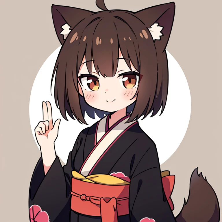 1 girl, alone, kimono, short hair, kimono, brown hair, lips, put your hand on your waist, sheathed, smile, black hair, Upper body, closed mouth, sheatheded, Raise your hand, fox, animal ears,  