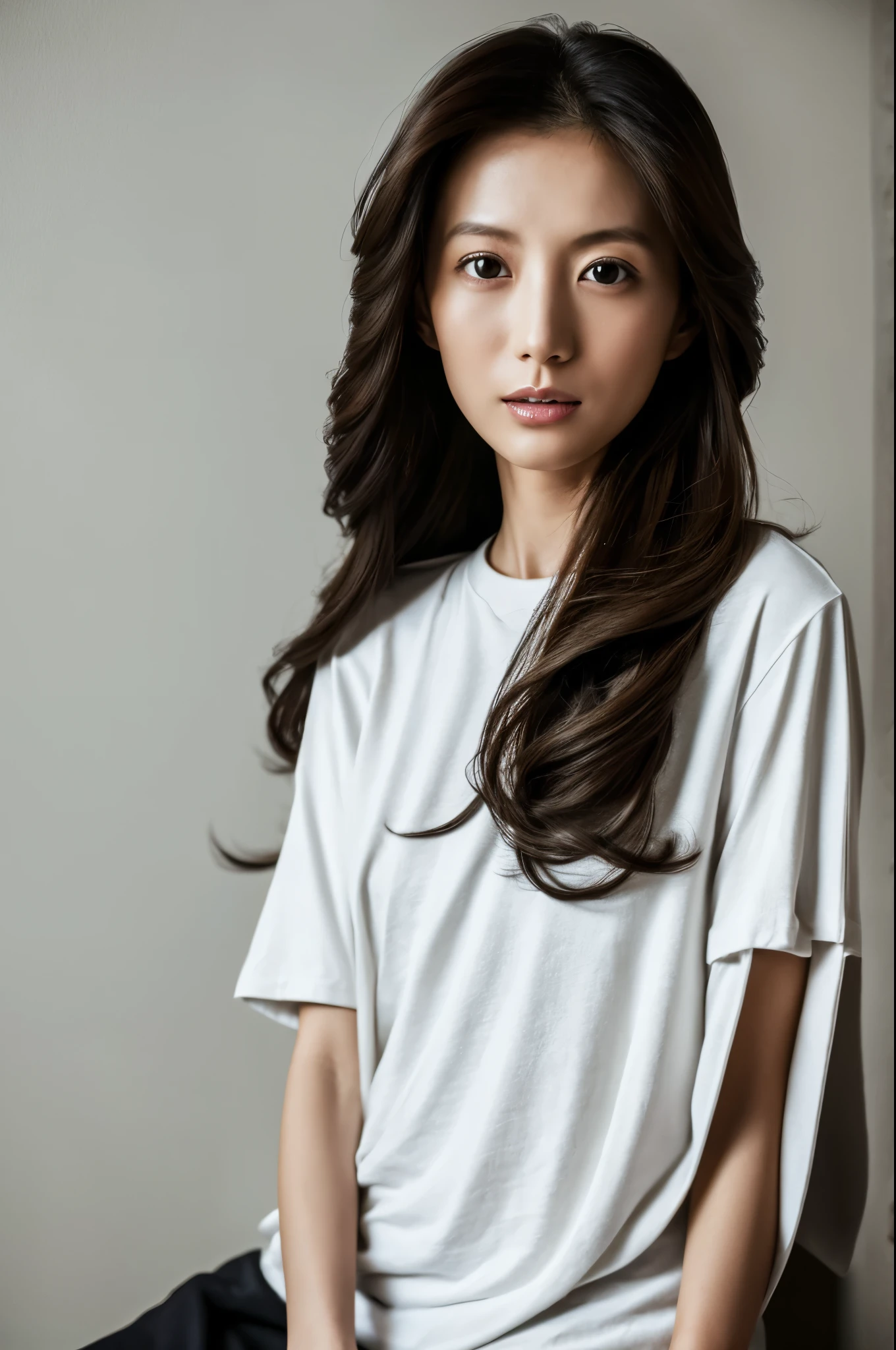 A skinny Japanese lady, long wavy hair, wearing (long T-shirt:1.3), sitting in a dark room. The walls are painted in soft white. Realistic, Photorealistic, High quality, RAW photograph, detailed background, highly detailed, sharp focus, high resolution, 8k, uhd, dslr, realistic eyes, perfect eyes,
