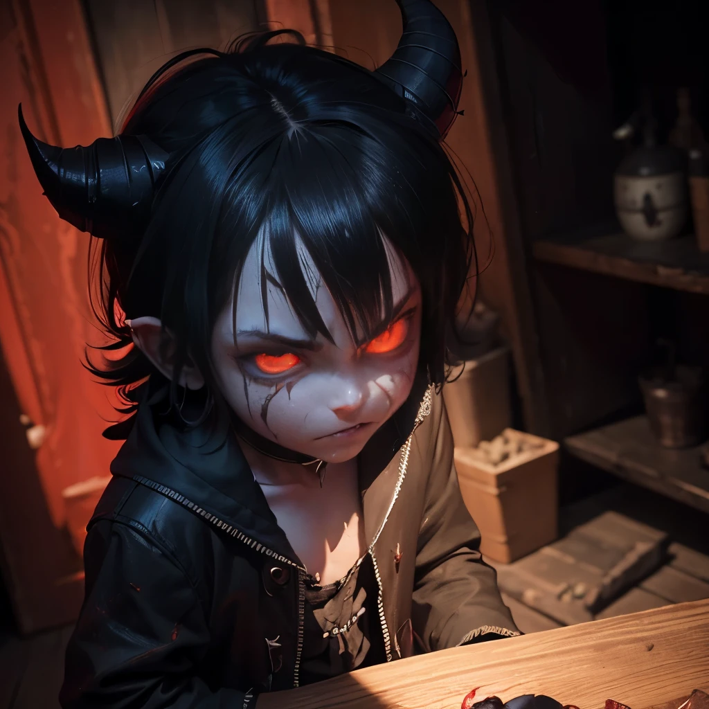 A demon , with glowing red eyes and razor-sharp fangs, clad in tattered black clothing, stands defiantly in the dimly lit room. His horns curl menacingly above his forehead, and his clawed hands are balled into fierce fists. Despite his sinister appearance, a mischievous gleam dances within his eyes as he contemplates his next prank. The shadows around him seem to pulse with a malevolent energy, and the once pristine walls bear the scars of his unruly antics. The room, filled with the acrid smell of sulfur, is a clear indication that this is no ordinary .