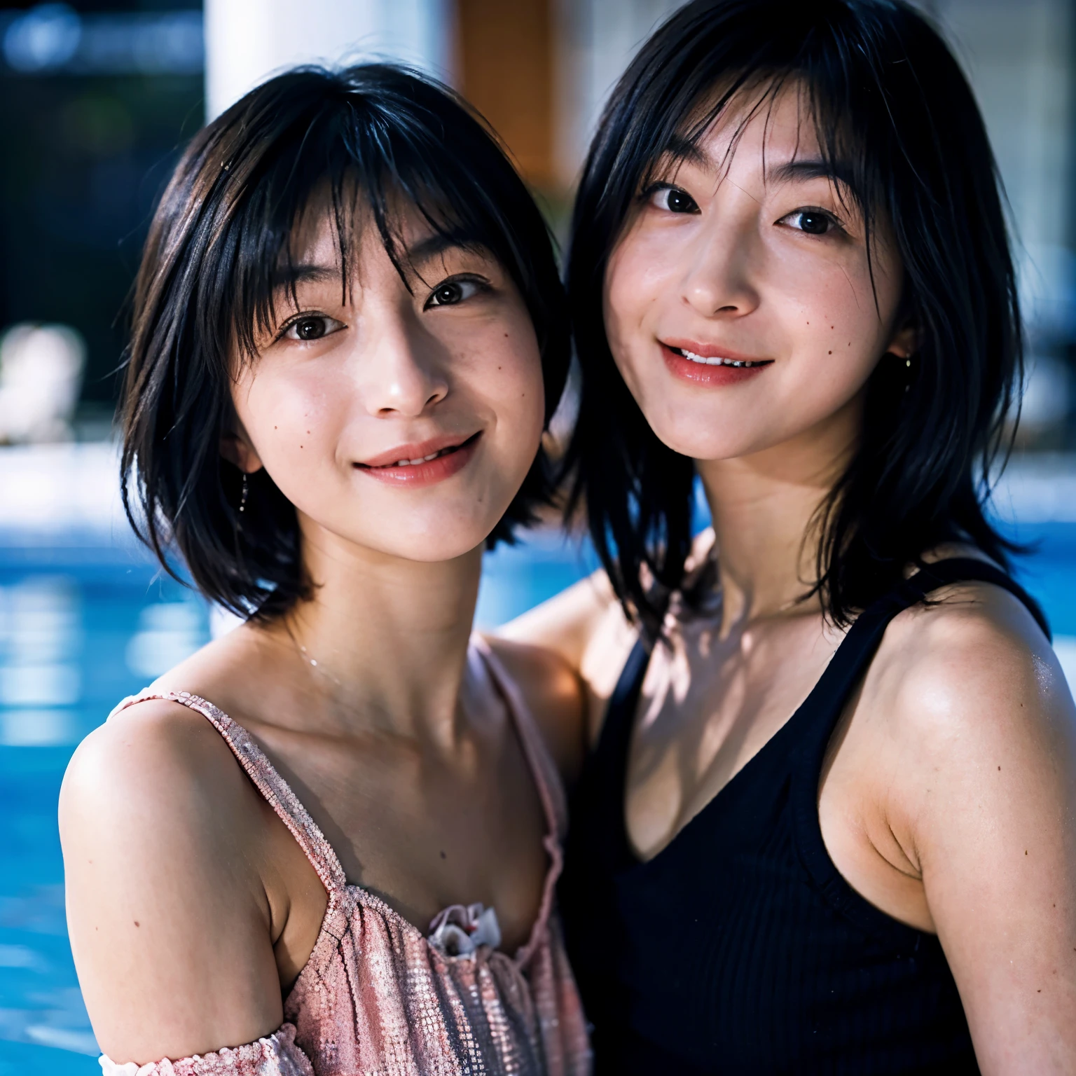 Highly detailed CG Unity 8K wallpaper、highest quality、super detailed、masterpiece、realistic、Photoreal、16 year old beautiful Japanese girl、Identical twin sisters hugging each other、smile、cute, girly, , 非常に詳細なcute女の子、blush、round eyes、Medium chest、semi body shot、Swimsuit、(indoor poolside), (bent down), parted bangs