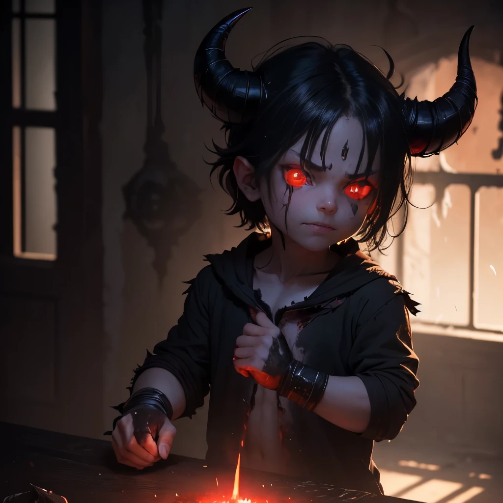 A demon , with glowing red eyes and razor-sharp fangs, clad in tattered black clothing, stands defiantly in the dimly lit room. His horns curl menacingly above his forehead, and his clawed hands are balled into fierce fists. Despite his sinister appearance, a mischievous gleam dances within his eyes as he contemplates his next prank. The shadows around him seem to pulse with a malevolent energy, and the once pristine walls bear the scars of his unruly antics. The room, filled with the acrid smell of sulfur, is a clear indication that this is no ordinary .