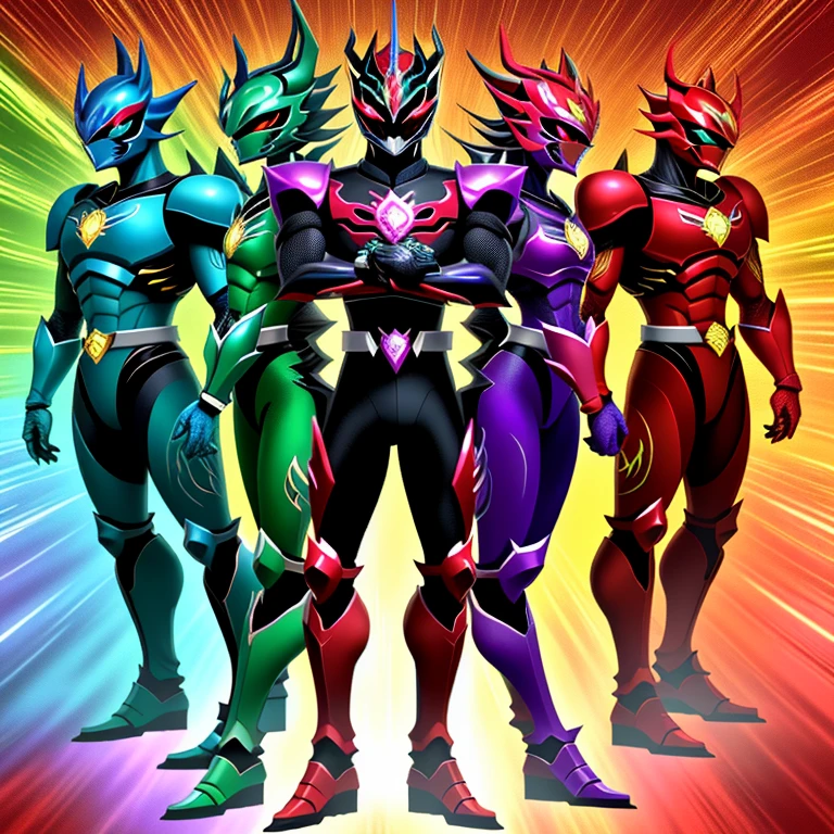 Power Ranger、５人で並んでるPower Ranger、special effects、Toei、Power Rangerキャラクター、Hybrid suit reminiscent of China、Full face mask reminiscent of a dragon、Armor reminiscent of China、Red blue green yellow black color scheme