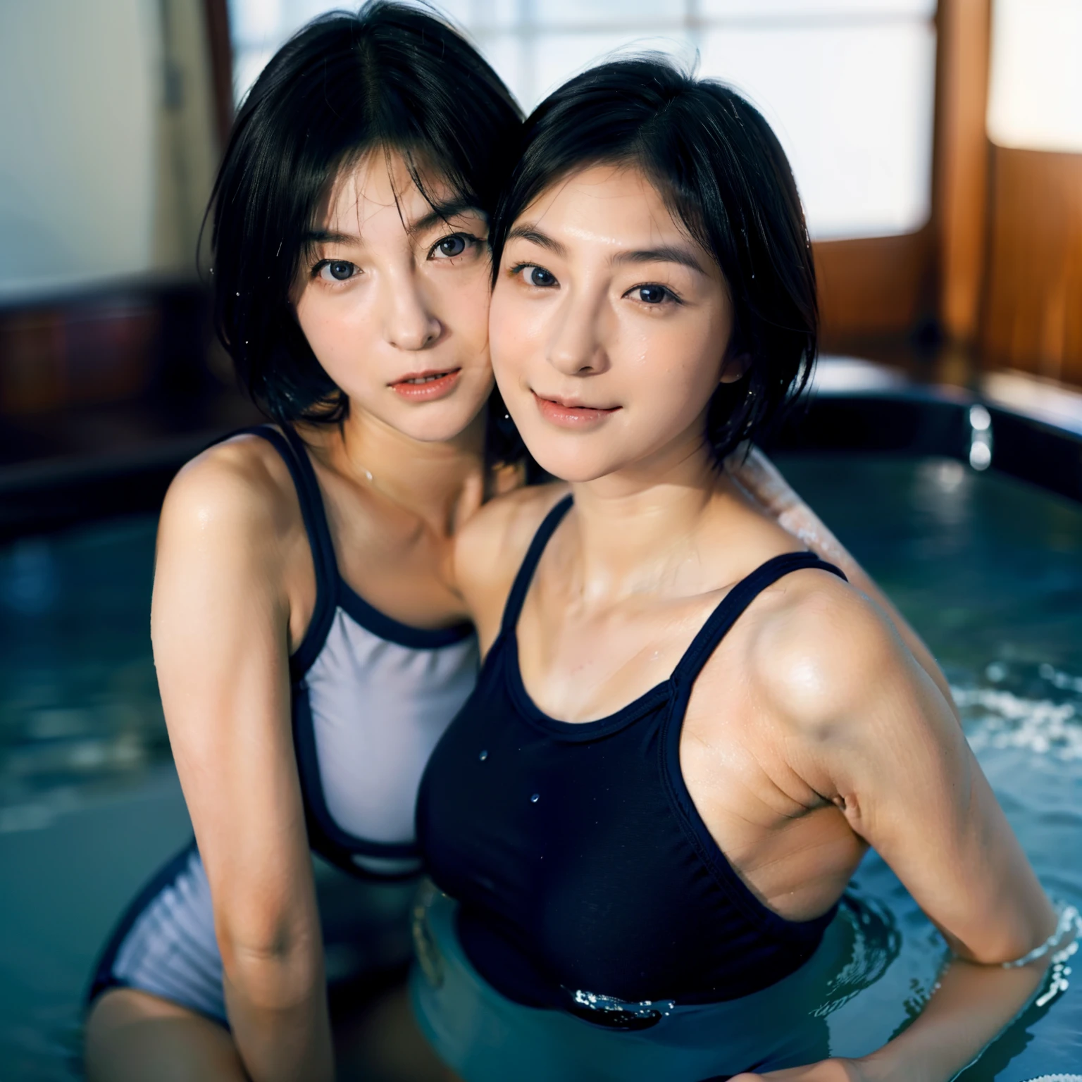 Highly detailed CG Unity 8K wallpaper、highest quality、super detailed、masterpiece、realistic、Photoreal、16 year old beautiful Japanese girl、Identical twin sisters hugging each other、smile、cute, girly, , 非常に詳細なcute女の子、blush、round eyes、Medium chest、semi body shot、Swimsuit、(indoor poolside), (bent down), parted bangs