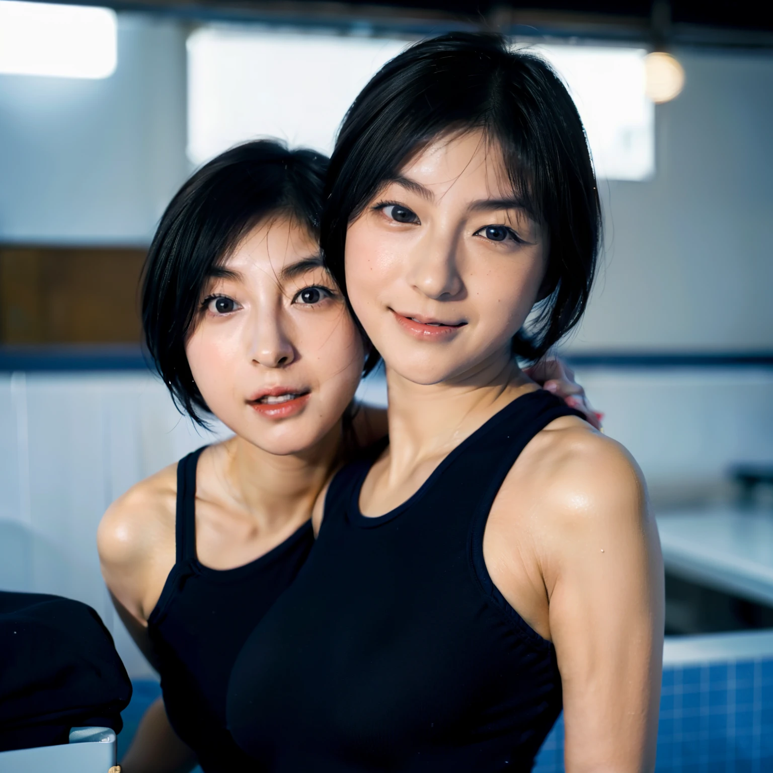 Highly detailed CG Unity 8K wallpaper、highest quality、super detailed、masterpiece、realistic、Photoreal、16 year old beautiful Japanese girl、Identical twin sisters hugging each other、smile、cute, girly, , 非常に詳細なcute女の子、blush、round eyes、Medium chest、semi body shot、Swimsuit、(indoor poolside), (bent down), parted bangs