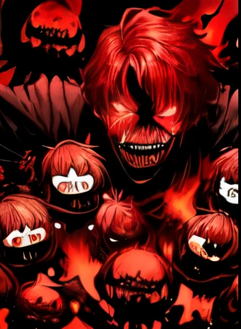 (Single image)(perfect face)(male)(fear)(Children)(Scarlet pupils)(modern)稚嫩的Children撕开巨茧踏步而出,Dark red short hair and eyebrows,The scarlet pupils bloomed with a frightening fierce light,Strange and handsome