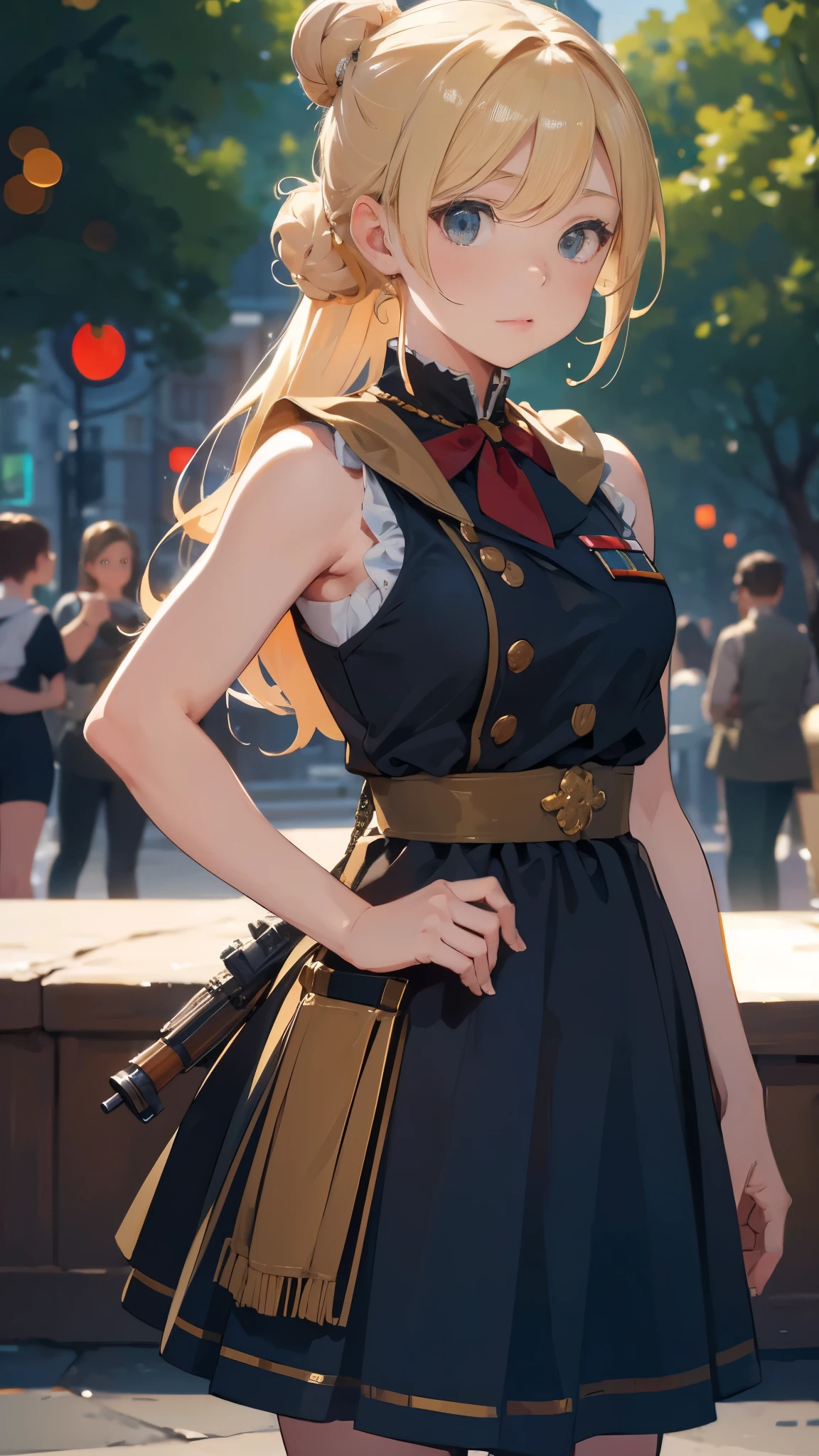 best picture quality, 8K, high quality, masterpiece:1.2), ((masterpiece)), (high detail, high quality, best picture quality), bokeh, DOF, Portrait, open stance, (cute illustration:1.2), blond hair, bun style hair, sleeveless military costume, girl, holding gun, standing, round face,