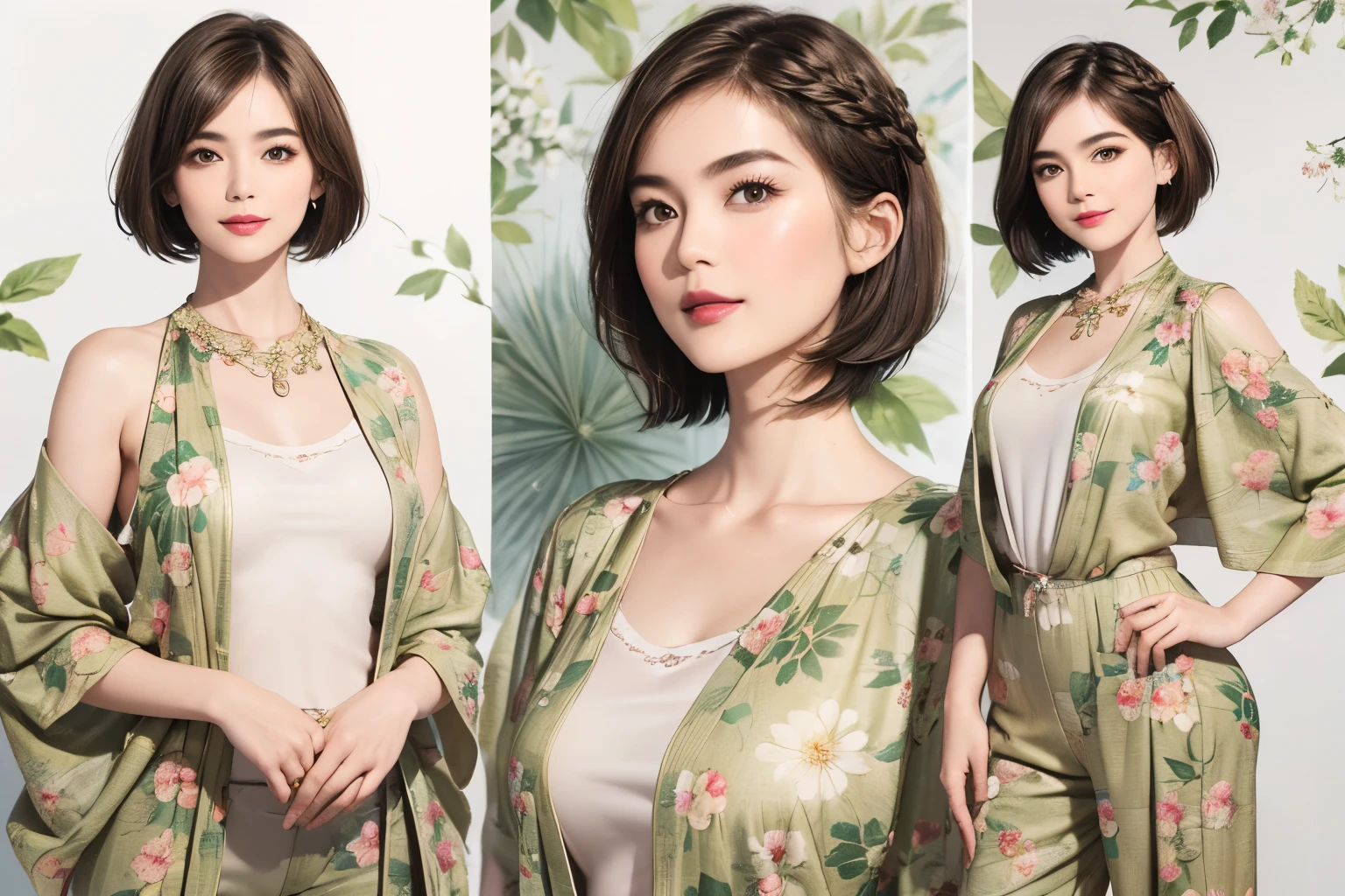 149
(20 year old woman,floral print outfit,pants), (Super realistic), (high resolution), ((beautiful hairstyle 46)), ((short hair:1.46)), (gentle smile), (brest:1.1), (lipstick)
