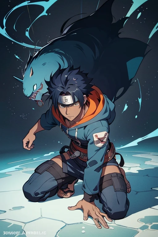 1 guy, dark skin, solo, masterpiece, best quality, anime, ultra-detailed, 2D full-body character image of Madara and Kakashi from Naruto and Cid from Eminence in the Shadows fusion into one single guy with dark skin and black hair, wearing a hoodie, dark theme with hints of blue, purple, green, and turquoise.