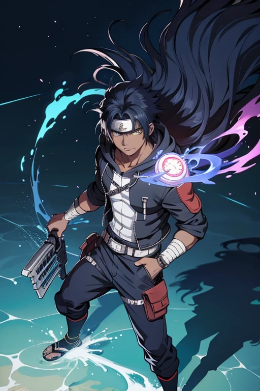 1 guy, dark skin, solo, masterpiece, best quality, anime, ultra-detailed, 2D full-body character image of Madara and Kakashi from Naruto and Cid from Eminence in the Shadows fusion into one single guy with dark skin and black hair, wearing a hoodie, dark theme with hints of blue, purple, green, and turquoise.