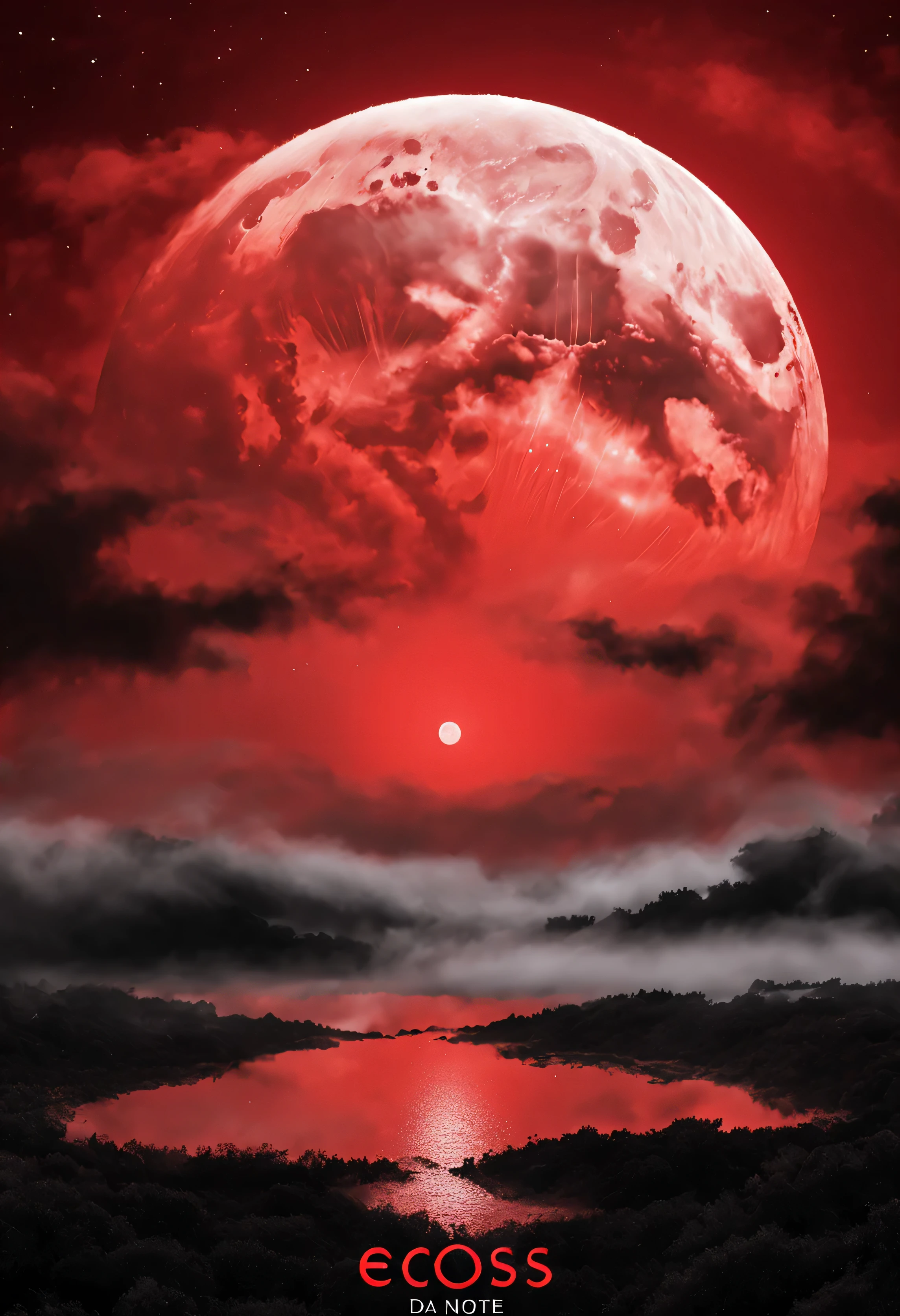 red background with a red moon in the center and some black clouds and fog around it and the text "Ecos da Noite" in the center of the image. make the size 2048x1152