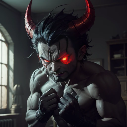 A demon , with glowing red eyes and razor-sharp fangs, clad in tattered black clothing, stands defiantly in the dimly lit room. His horns curl menacingly above his forehead, and his clawed hands are balled into fierce fists. Despite his sinister appearance, a mischievous gleam dances within his eyes as he contemplates his next prank. The shadows around him seem to pulse with a malevolent energy, and the once pristine walls bear the scars of his unruly antics. The room, filled with the acrid smell of sulfur, is a clear indication that this is no ordinary .