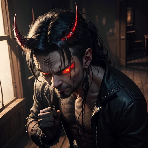 A demon , with glowing red eyes and razor-sharp fangs, clad in tattered black clothing, stands defiantly in the dimly lit room. His horns curl menacingly above his forehead, and his clawed hands are balled into fierce fists. Despite his sinister appearance, a mischievous gleam dances within his eyes as he contemplates his next prank. The shadows around him seem to pulse with a malevolent energy, and the once pristine walls bear the scars of his unruly antics. The room, filled with the acrid smell of sulfur, is a clear indication that this is no ordinary .