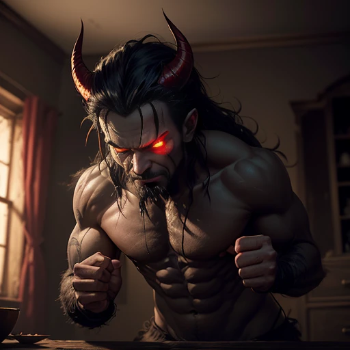 A demon , with glowing red eyes and razor-sharp fangs, clad in tattered black clothing, stands defiantly in the dimly lit room. His horns curl menacingly above his forehead, and his clawed hands are balled into fierce fists. Despite his sinister appearance, a mischievous gleam dances within his eyes as he contemplates his next prank. The shadows around him seem to pulse with a malevolent energy, and the once pristine walls bear the scars of his unruly antics. The room, filled with the acrid smell of sulfur, is a clear indication that this is no ordinary .