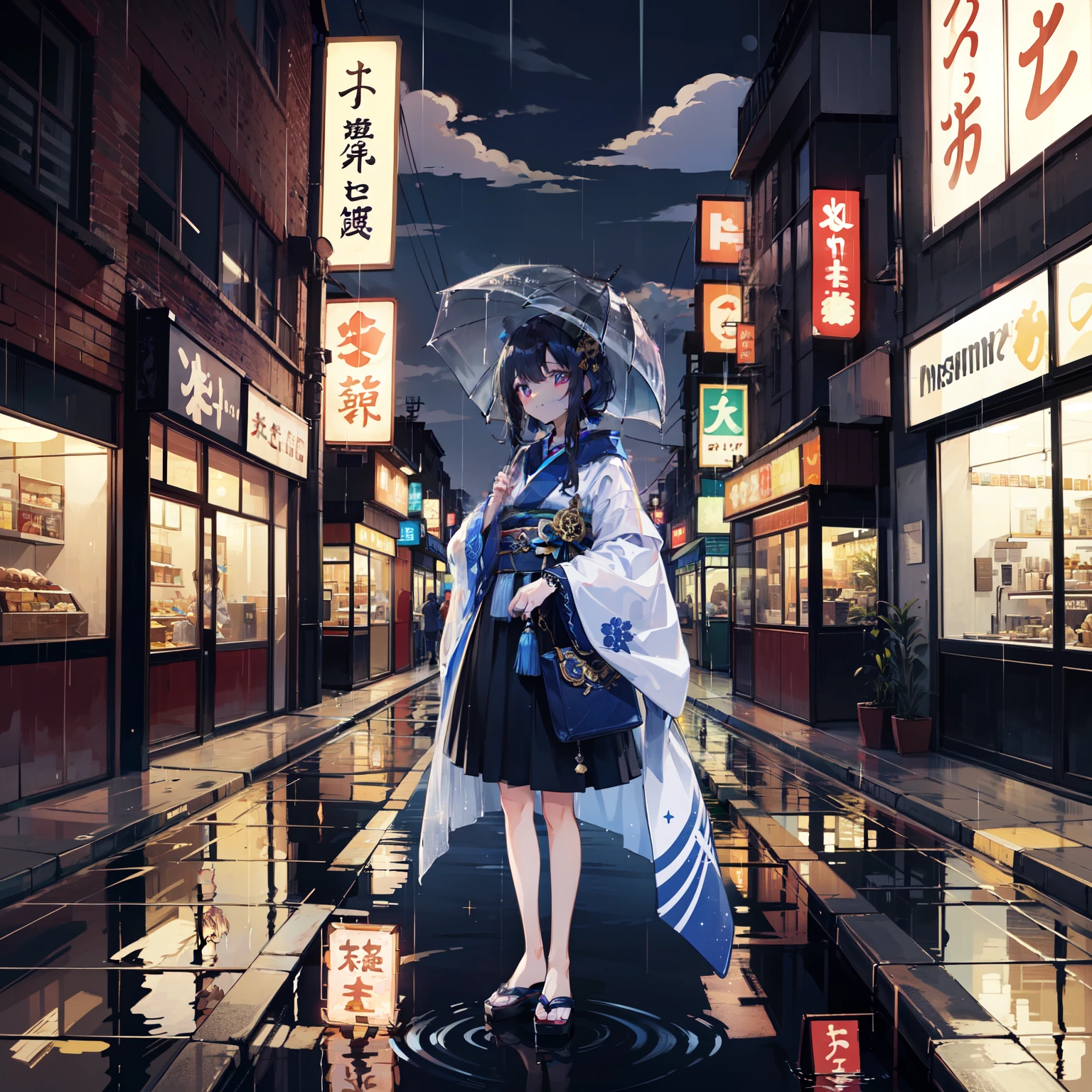 A beautiful moonlit night、cloud. Cityscape with impressive rain、neon cityscape. A woman looking up at the night sky in a rainy city. 彼女は美しい顔とbright colorsの輝く目をしています. She wears intricately designed clothes. Nice Japanese sweets. The moonlight and city lights are reflected in the puddle and sparkle.. Detail view. bright colors. High resolution.