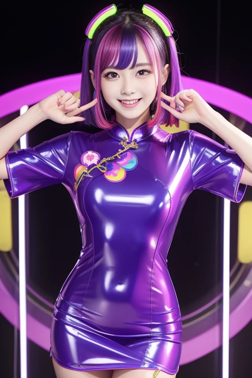 female idol、smiling face、full body Esbian、shiny glossy Cheongsam Short Sleeve Latex Sexy Dress
(neon purple)、multicolor hair、