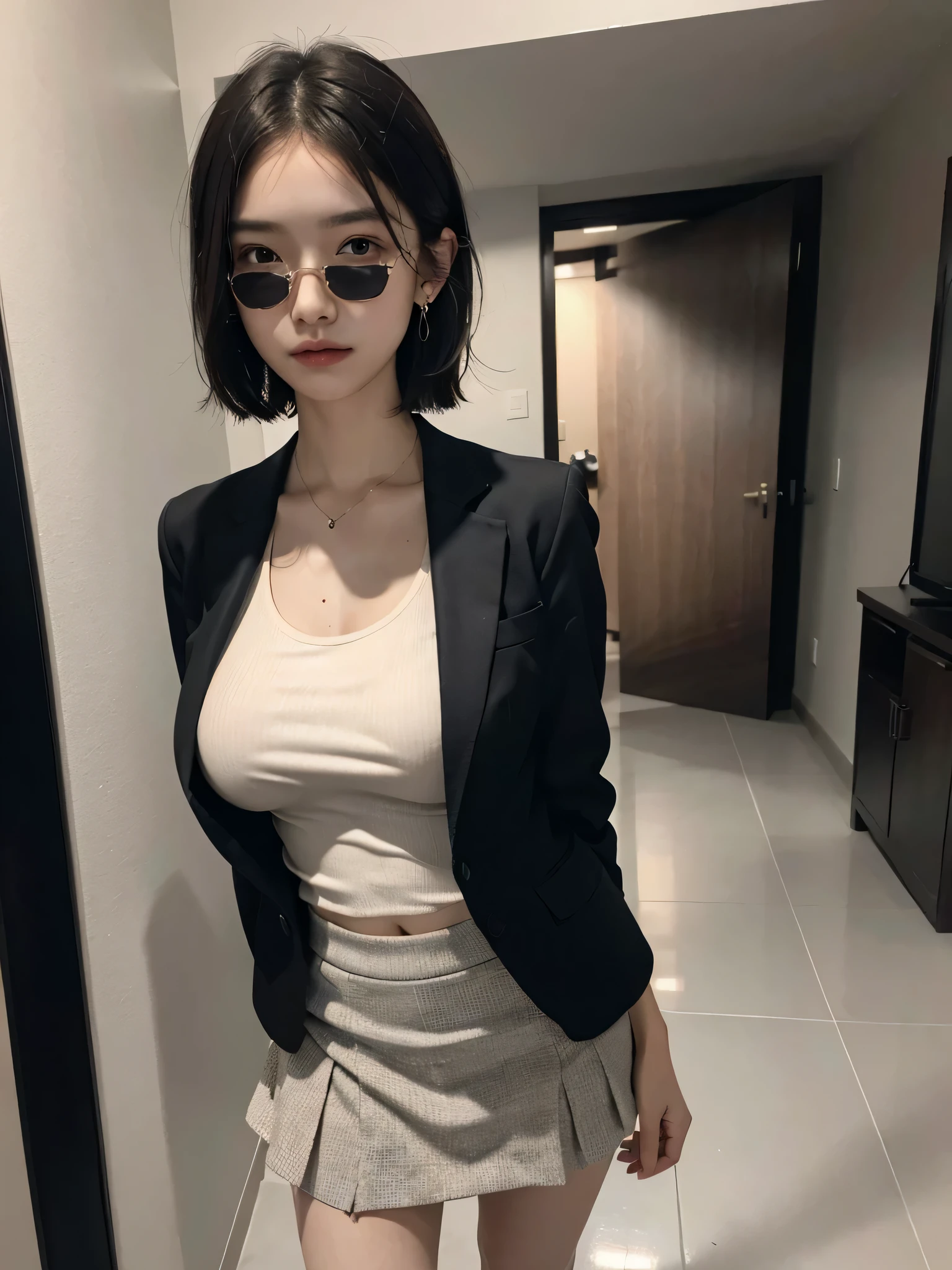 disorganized, RAW photo, very delicate and beautiful, masterpiece, highest quality, ultra high resolution, 16k, surreal, super detailed, perfect anatomy, super dense skin, perfect figure, Highly detailed CG 8k wallpaper, 20's, very slim body, (tight waist:1.2), very small head, very small face, delicate features, tearful mole, earrings, thin legs, (very huge round breasts:1.3), (full body shot:1.2), short middle hair, wavy hair, (barefoot:1.1), (suit:1.4), tank top shirt, Jacket, skirt,