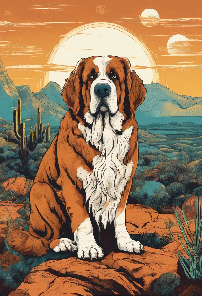 Plants and artistic details form a round frame to house the dog in the center, Popart, arte de rua, isolated t-shirt design with vector art of a large Saint Bernard dog, cor branca
, look at the desert with curiosity and wonder. Saint Bernard dog or bitch should be portrayed with a sense of admiration and fascination, cercado pelas maravilhas da natureza. Use cores suaves e sonhadoras para criar uma atmosfera extravagante e encantadora. The design should evoke a sense of wandering desire and encourage viewers to embrace their own adventurous spirit., isolado, sem antecedentes, no estilo 0mib