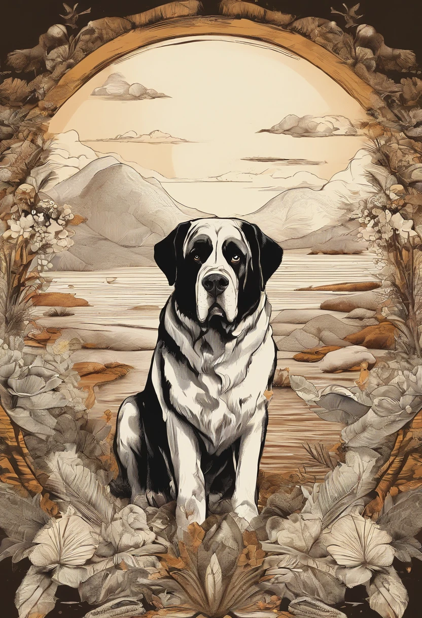Plants and artistic details form a round frame to house the dog in the center, Popart, arte de rua, isolated t-shirt design with vector art of a large Saint Bernard dog, cor branca
, look at the desert with curiosity and wonder. Saint Bernard dog or bitch should be portrayed with a sense of admiration and fascination, cercado pelas maravilhas da natureza. Use cores suaves e sonhadoras para criar uma atmosfera extravagante e encantadora. The design should evoke a sense of wandering desire and encourage viewers to embrace their own adventurous spirit., isolado, sem antecedentes, no estilo 0mib