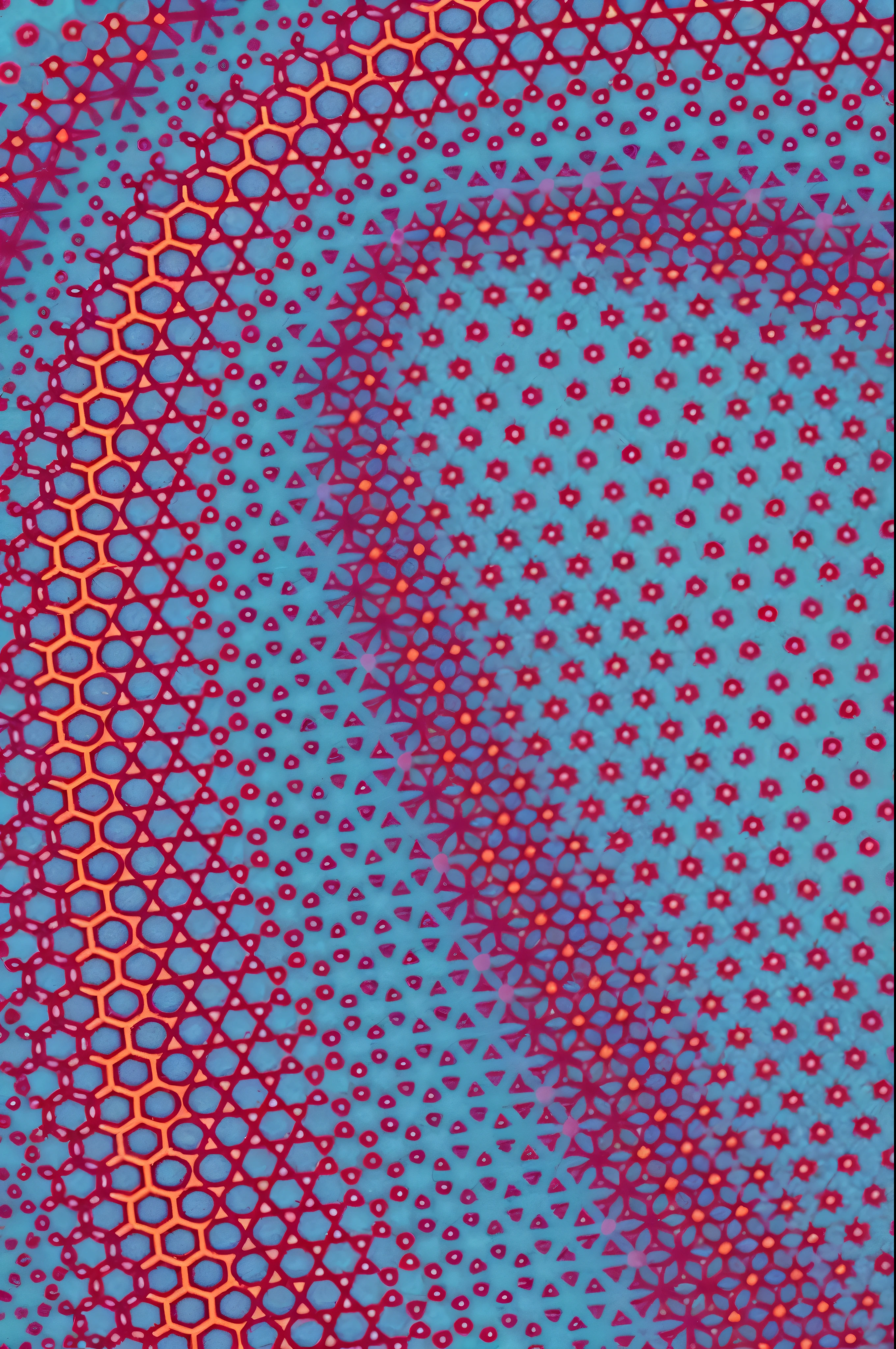 a blue and red background with a pattern of circles, mandelbot fractal, detailed patterns pop art, fractal wave interference, voronoi pattern, colourful biomorphic opart, hexagons, modular graphene, varying dots, fractal pattern, hexagonal pattern, generative art, dots abstract, stylized fractal background, dots, psychedelic background, repeating pattern