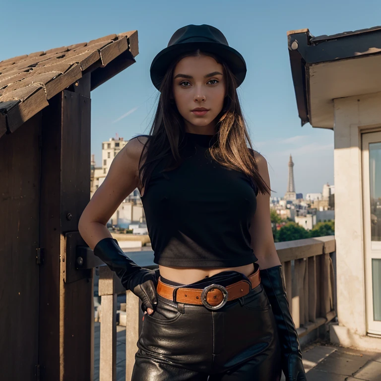 Albanian, girl, brown hair, blue eyes, short black top, Paris, sun gazing, modern apparel, glowing eyes, beautiful skyline, leather hat, green gloves, purple belt, excited