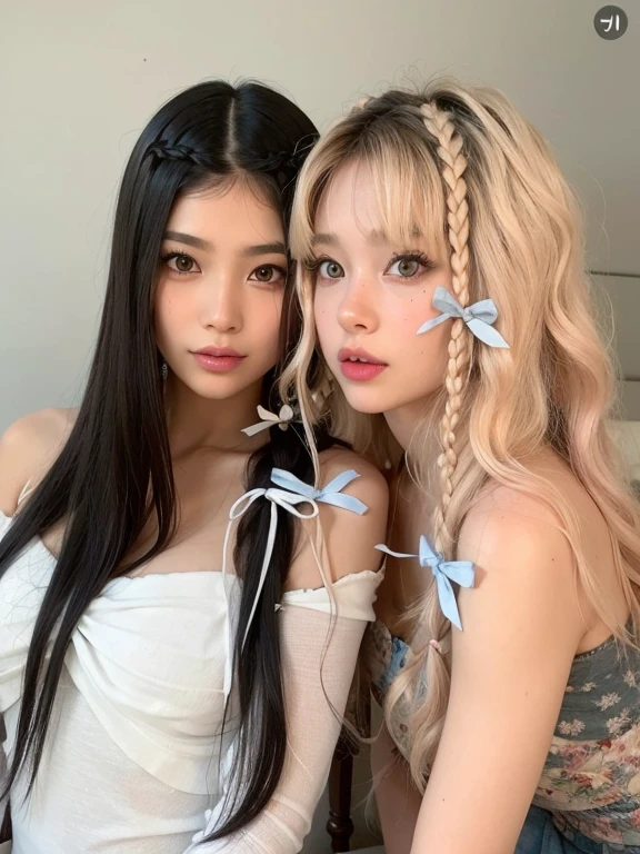 two women with long hair and blue bows on their heads, Ulzzang, fairy core, Nixeu e Sakimichan, braids hairstyle, O corte Hime, com longos cabelos brancos, Cabelo bicolor, Dois rabos de porco penteados, Duas meninas, penteado twintails, Ayami Kojima e Lyde Caldwell, com longos cabelos brancos, beautiful Gemini twins, Rosa preta