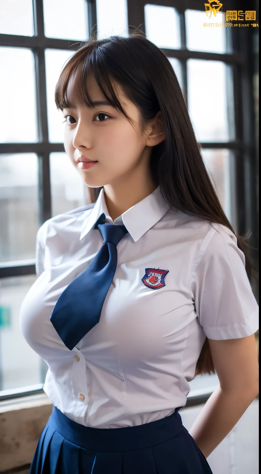 Top quality, one beautiful woman, student, uniform, big breasts