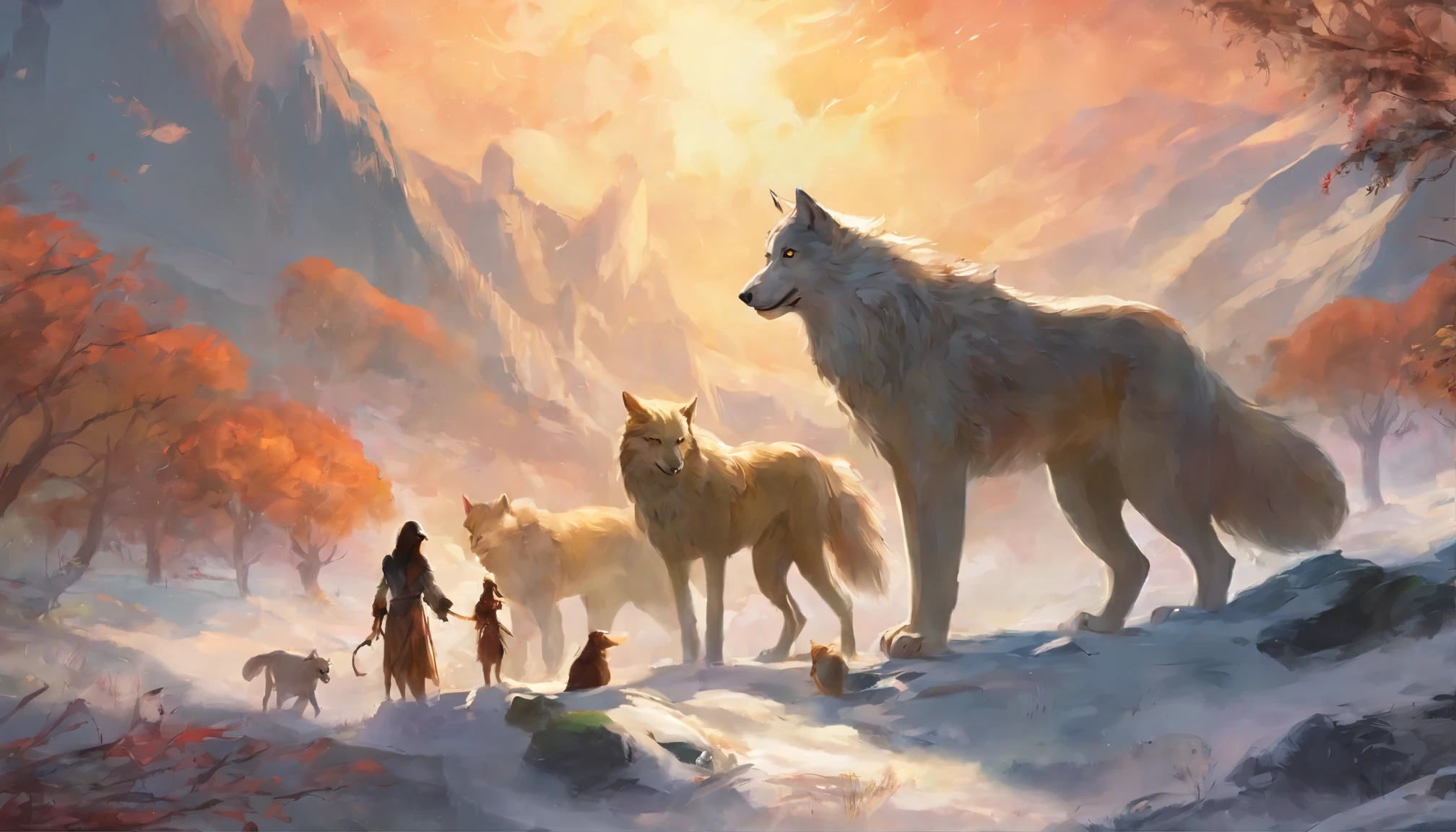 lobos junto con humanos cazando en un campo seco de pasto retrato antiguo