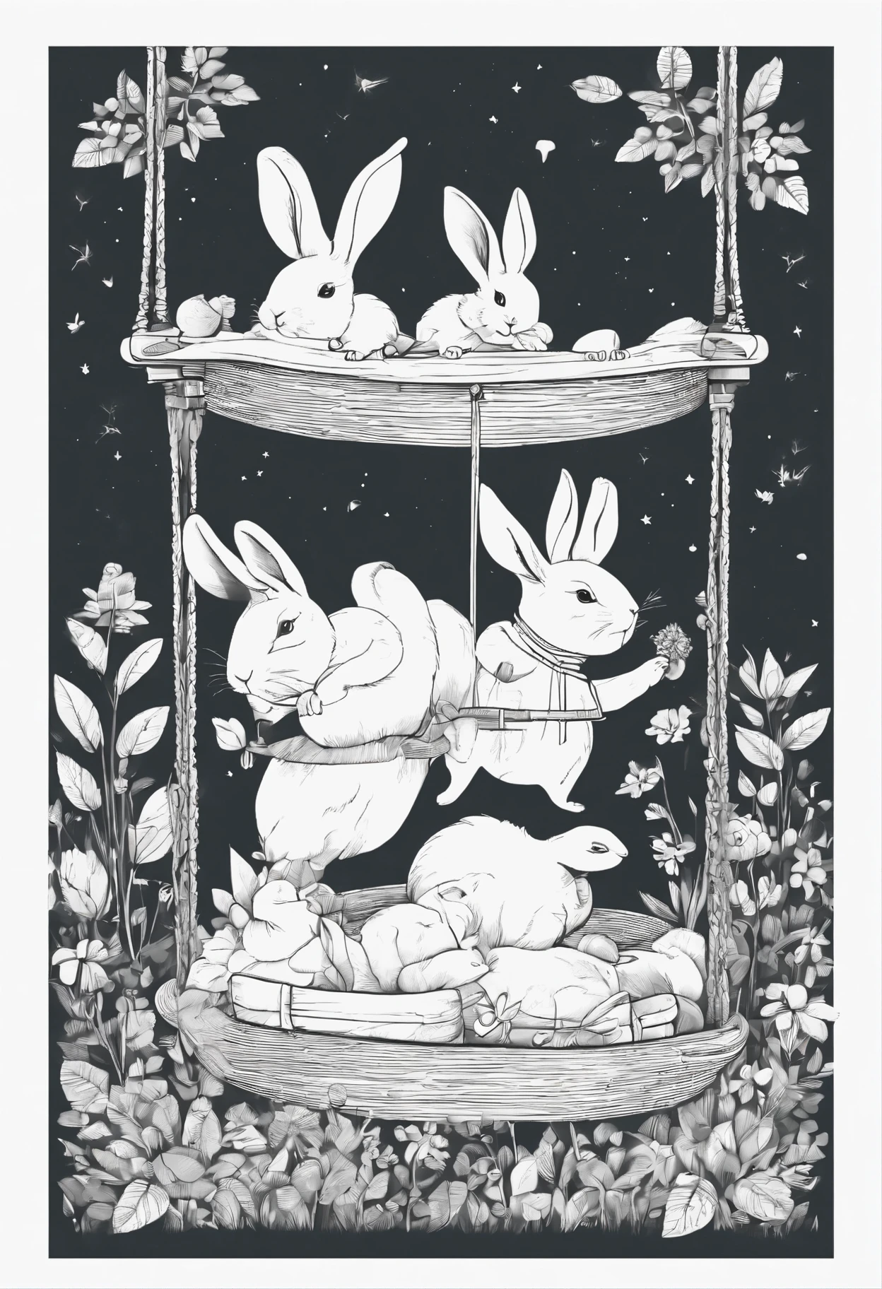 Cute bunnies on the swing in a magical garden, branco e preto, poucos detalhes, livro de colorir