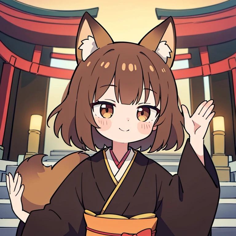 girl, alone, kimono, short hair, kimono, brown hair, lips, sheathed, smile, brown hair, Upper body, closed mouth, sheatheded, Raise your hand, fox, animal ears, shrine