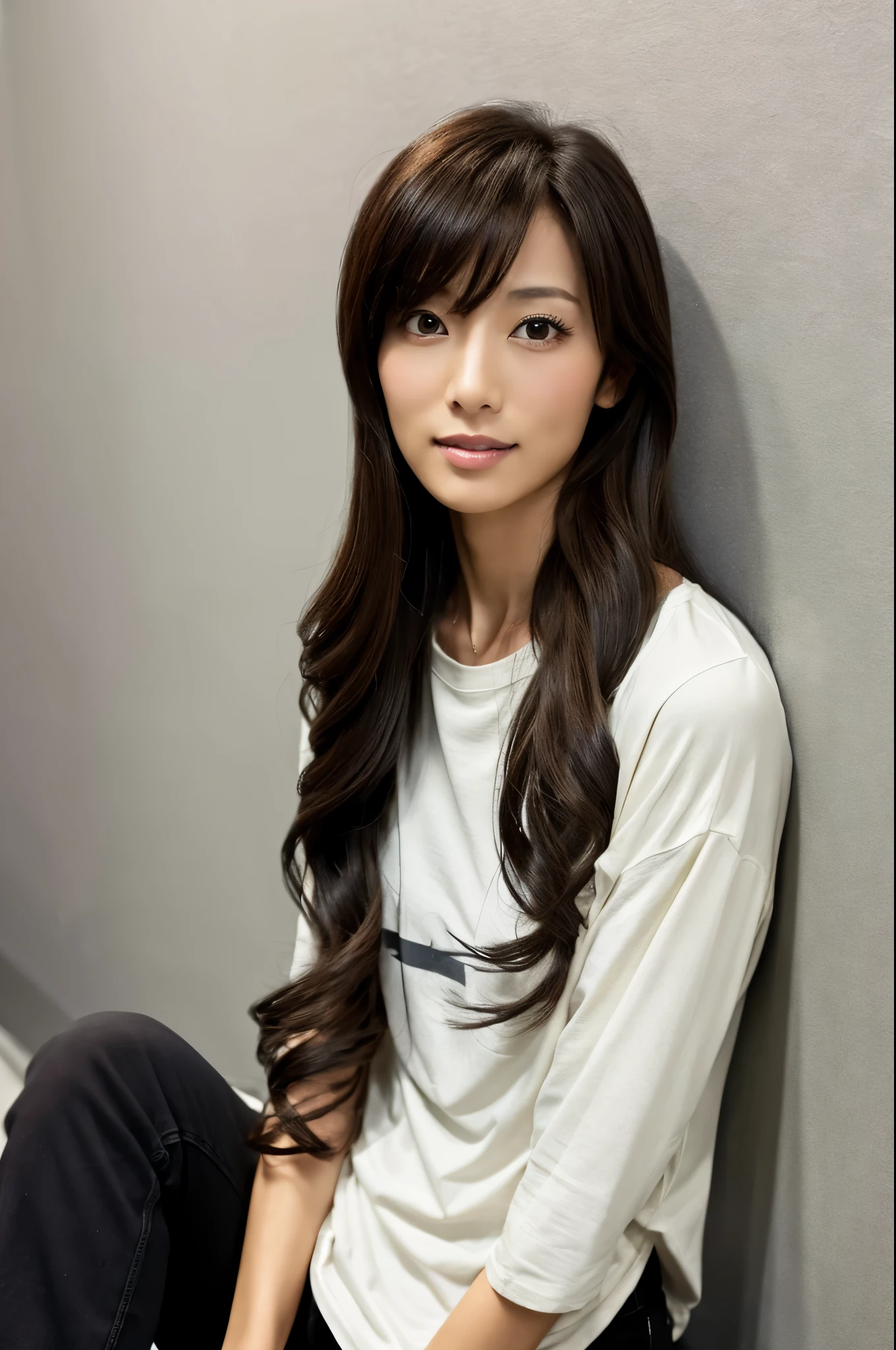 A skinny Japanese lady, long wavy hair, wearing (long T-shirt:1.3), sitting in a dark room. The walls are painted in soft white. Realistic, Photorealistic, High quality, RAW photograph, detailed background, highly detailed, sharp focus, high resolution, 8k, uhd, dslr, realistic eyes, perfect eyes,