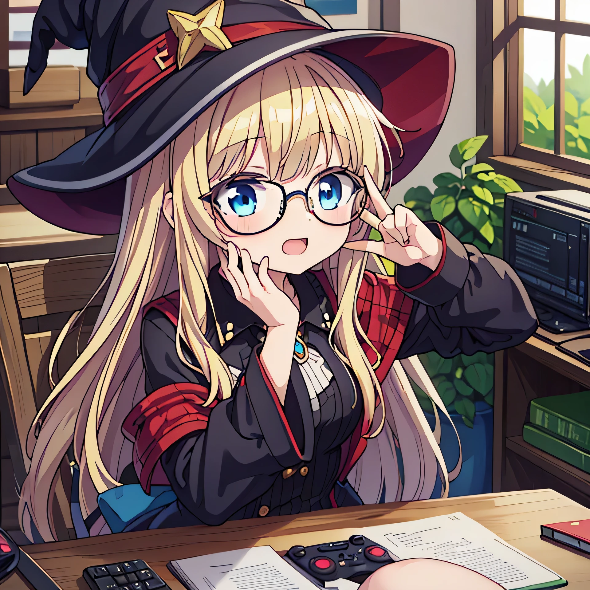 jovem anime, cabelo loiro longo, olhos azuis, nerd, round glasses, roupa de bruxa, emery happy, A hand on top of the head making a gesture, paz, em, 5 fingers hand poster, computador, pc para jogos, Controlador de videogame, mechanical robot toy