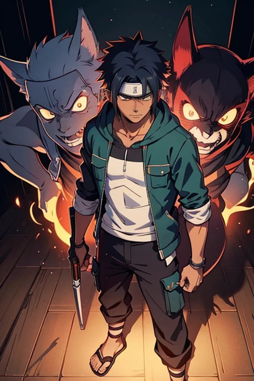 1 guy, dark skin, solo, masterpiece, best quality, anime, ultra-detailed, 2D full-body character image of Madara and Kakashi from Naruto and Cid from Eminence in the Shadows fusion into one single guy with dark skin and black hair, wearing a hoodie, removing the head band, dark theme with hints of blue, purple, green, and turquoise. A nice smile.