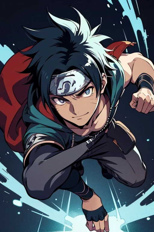 1 guy, dark skin, solo, masterpiece, best quality, anime, ultra-detailed, 2D full-body character image of Madara and Kakashi from Naruto and Cid from Eminence in the Shadows fusion into one single guy with dark skin and black hair, wearing a hoodie, removing the head band, dark theme with hints of blue, purple, green, and turquoise. A nice smile.