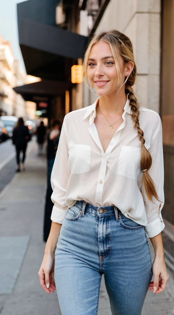 an hot instagram photo of a cute beautiful woman (gal gadot:jessica biel:0.5), flirting look, walking Roma Streets wearing jeans, a shaggy nude blouse and leather boots, highlighted hair, braid style, turquoise eyes, perfect, pale turquoise eyes, discrete makeup, hourglass figure, perfect body, long shot, asymmetric, dslr, ultra quality, full body, very detailed, 34 years old, flirty face, high-res, masterpiece, best quality, intricate details, highly detailed texture, sharp focus, detailed skin, realistic skin texture, detailed eyes, professional, 4k, smile, shot on Canon, 85mm, shallow depth of field, kodak vision color, eyeshadow, extremely detailed, photo_\(ultra\), photorealistic, realistic, post-processing, max detail, roughness, real life, ultra realistic, photorealism, photography, 8k uhd, photography. instagram influencer