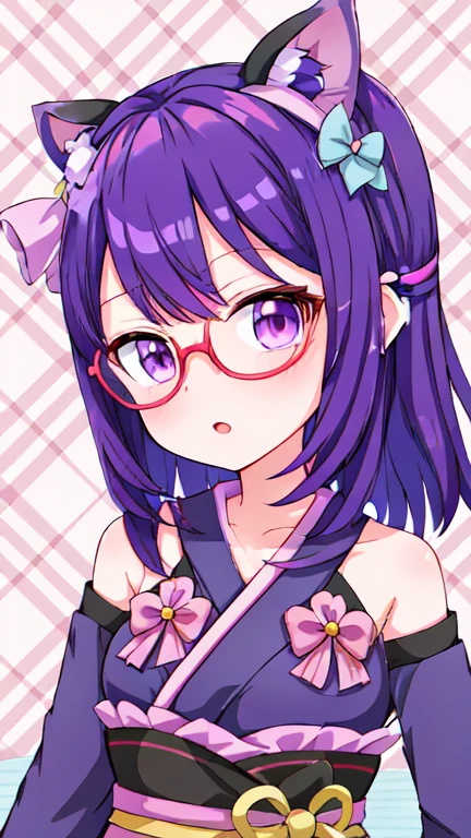 anime girl with purple hair and glasses wearing a purple outfit, anime moe artstyle, stylized anime, anime stylized, anime styled 3d, kawaii realistic portrait, ayaka genshin impact, touhou character, cute character, inspired by Takehisa Yumeji, my dress up darling anime, , anime style character, made with anime painter studio