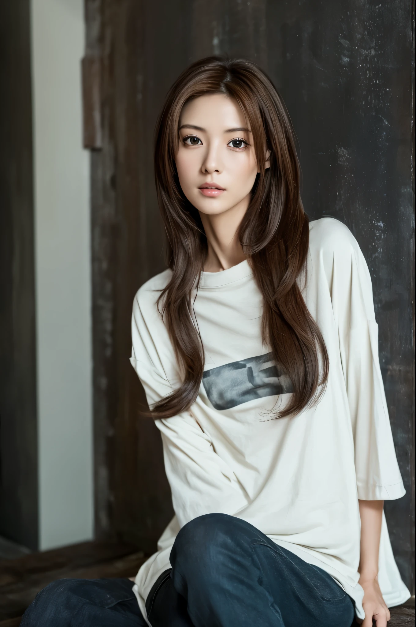 A skinny Japanese lady, long wavy hair, wearing (long T-shirt:1.3), sitting in a dark room. The walls are painted in soft white. Realistic, Photorealistic, High quality, RAW photograph, detailed background, highly detailed, sharp focus, high resolution, 8k, uhd, dslr, realistic eyes, perfect eyes,