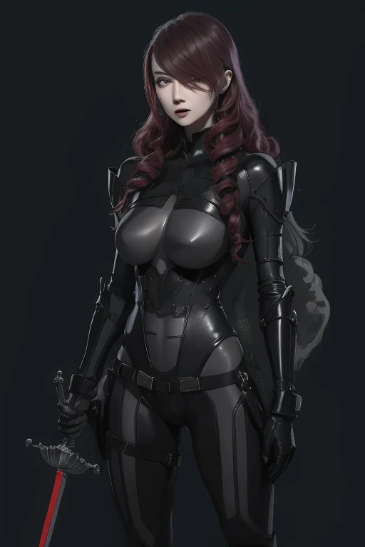 a woman with red lipstick has armor on and is holding a sword, kirijou mitsuru, 1girl, solo, hair over one eye, long hair, (((red hair))), (((red eyes))), weapon, rapier, sword, bodysuit, black bodysuit, grey bodysuit, hand on hip, (((large breasts))), simple background, white background, (purple theme:1.2)