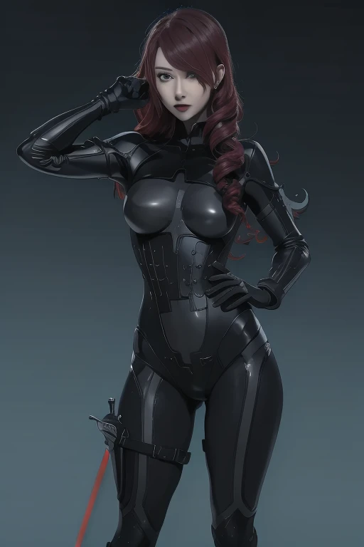 a woman with red lipstick has armor on and is holding a sword, kirijou mitsuru, 1girl, solo, hair over one eye, long hair, (((red hair))), (((red eyes))), weapon, rapier, sword, bodysuit, black bodysuit, grey bodysuit, hand on hip, (((large ))), simple background, white background, (purple theme:1.2)