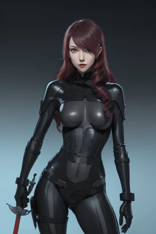 a woman with red lipstick has armor on and is holding a sword, kirijou mitsuru, 1girl, solo, hair over one eye, long hair, (((red hair))), (((red eyes))), weapon, rapier, sword, bodysuit, black bodysuit, grey bodysuit, hand on hip, (((large breasts))), simple background, white background, (purple theme:1.2)