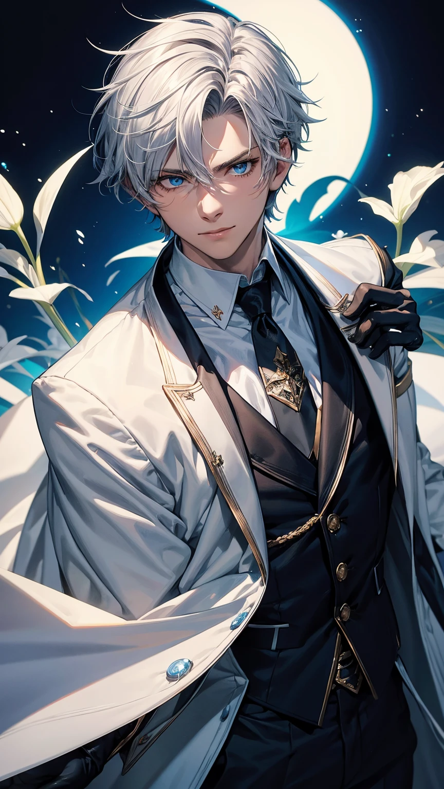 1young man,solo, male photo,look at viewer,confident smile, silver hair, ((short hair)), ((short sideburns)),light blue eyes, slant eyes,anatomically correct,blue ribbon tie,((black gloves)),((white cloak)),black suit,beautiful flowers on background,best quality, high quality,masterpiece, 8K 