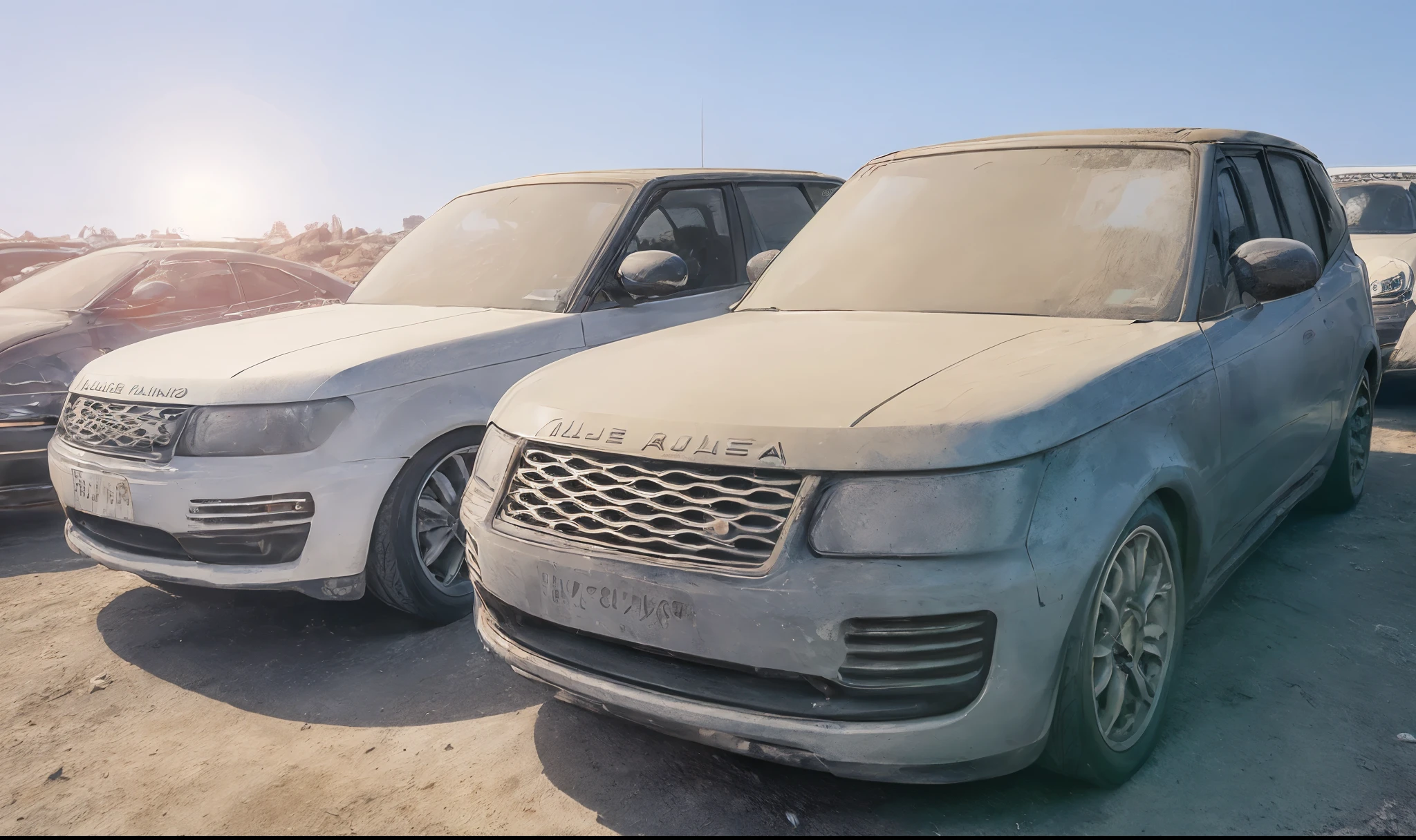 Arafed Range Rovers are parked in a lot with other cars., parcialmente cubierto de polvo, coches realistas, coches destrozados, coches destruidos, cubierto de polvo, Realistc Octane Render, Abandoned Vehicles, imagen de alta calidad, Post-noise processing, "ultra realista, in the art style of Filip Hodas, coches quemados, Renderizado de octanaje altamente detallado, Hyper realistic"
