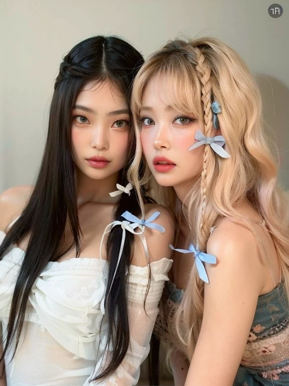 two women with long hair and blue bows on their heads, Ulzzang, fairy core, nixeu e sakimichan, Hairstyle with braids, o corte Hime, com longos cabelos brancos, cabelo bicolor, Dois rabos de porco penteados, Duas meninas, penteado twintails, Ayami Kojima e Lyde Caldwell, com longos cabelos brancos, beautiful Gemini twins, rosa preta