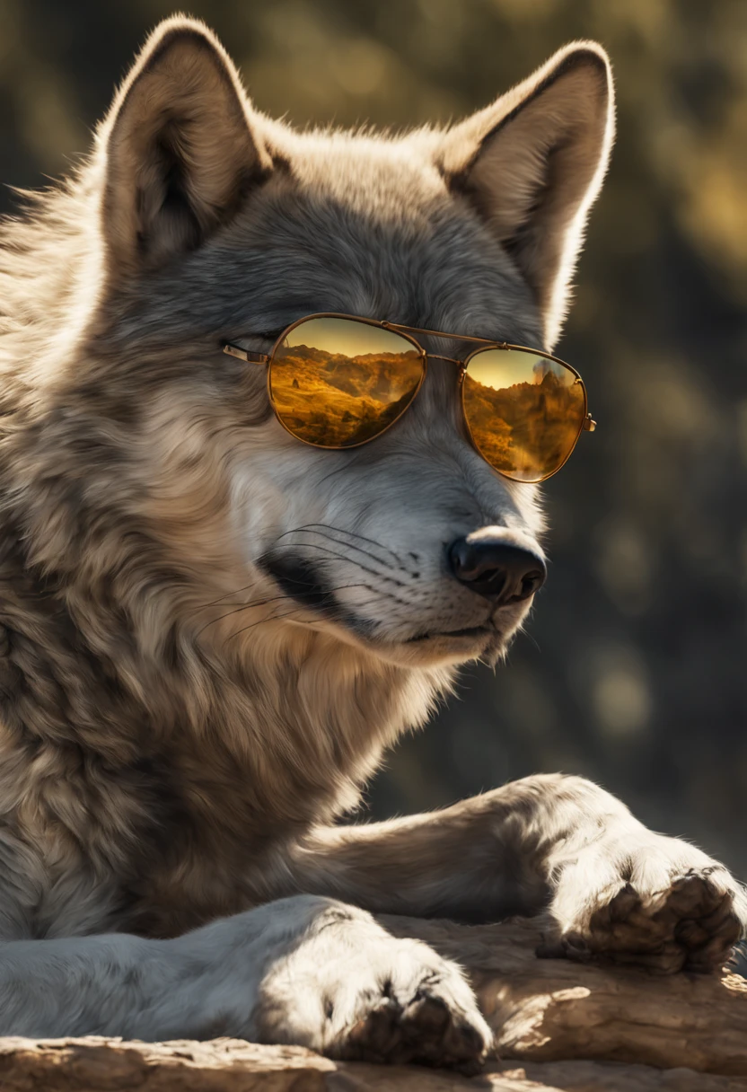 Ein Wolf in einem schwarzen Schafspelz mit Sonnenbrille auf mitten in einer Schafsherde auf einer riesigen Weide,Meisterwerk, Realistisch, sehr detailliert, best quality, photorealistic, hyperrealistisch, high_resolution, ultra high Details, cinematic, 4k, 8k
