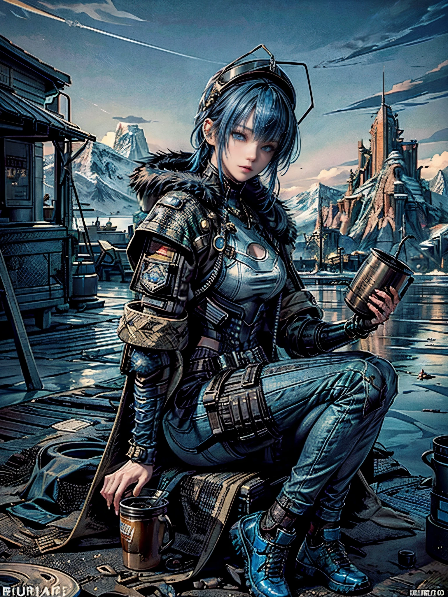 16K quality、cinematic lighting,super dense skin、Beautiful quality with attention to detail,high resolution、perfect anatomy,(cyberpunk、replace、dim color, pleasant tone:1.3)Soldier Girl,(Detailed beautiful facial features hair、blue color medium hair、blue eyes:1.3)blue hair、BREAK（boa jacket with fur）Thick combat uniform for cold weather、boa jacket with fur、(put goggles on your head)camouflage denim pants、（tent、Sit in a wood chair、make a fire next to:1.4）(holding a stainless steel mug、Coffee Time:1.32)、(On the shore of an open lake in the mountains、It&#39;s opening up:1.4)、It&#39;s snowing
