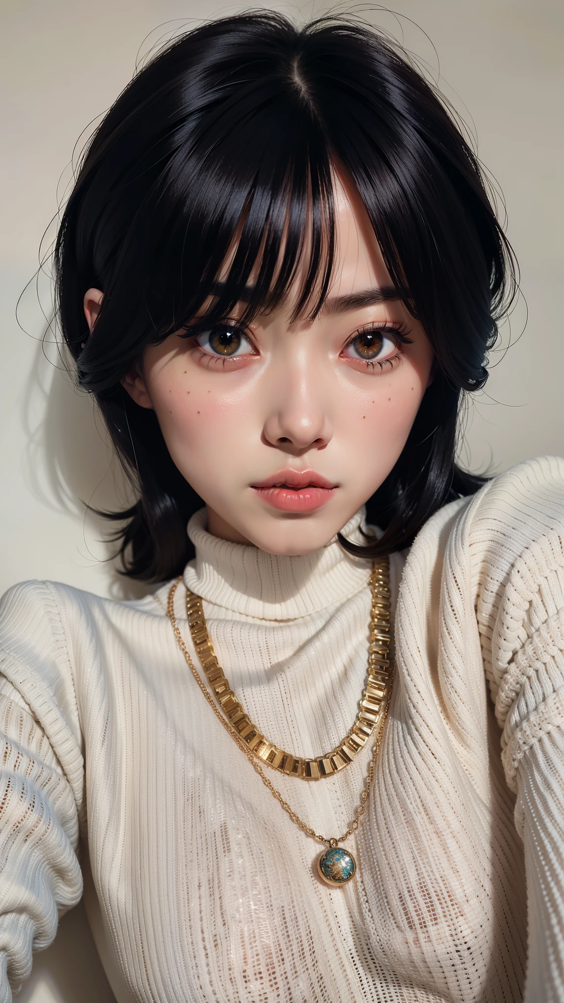 Asian woman looking stunning in a white sweater and chain necklace, com cabelo curto, Sun Yunjoo, estilo de realismo de anime, Kim Doyoung, 🤤 retrato de , estilo anime 3 d realista, Ulzzang, penteado com corte hime branco, estilo de arte anime realista, o corte Hime, anime semi-realista, rosto de anime realista, Retrato realista kawaii, garota de anime na vida real